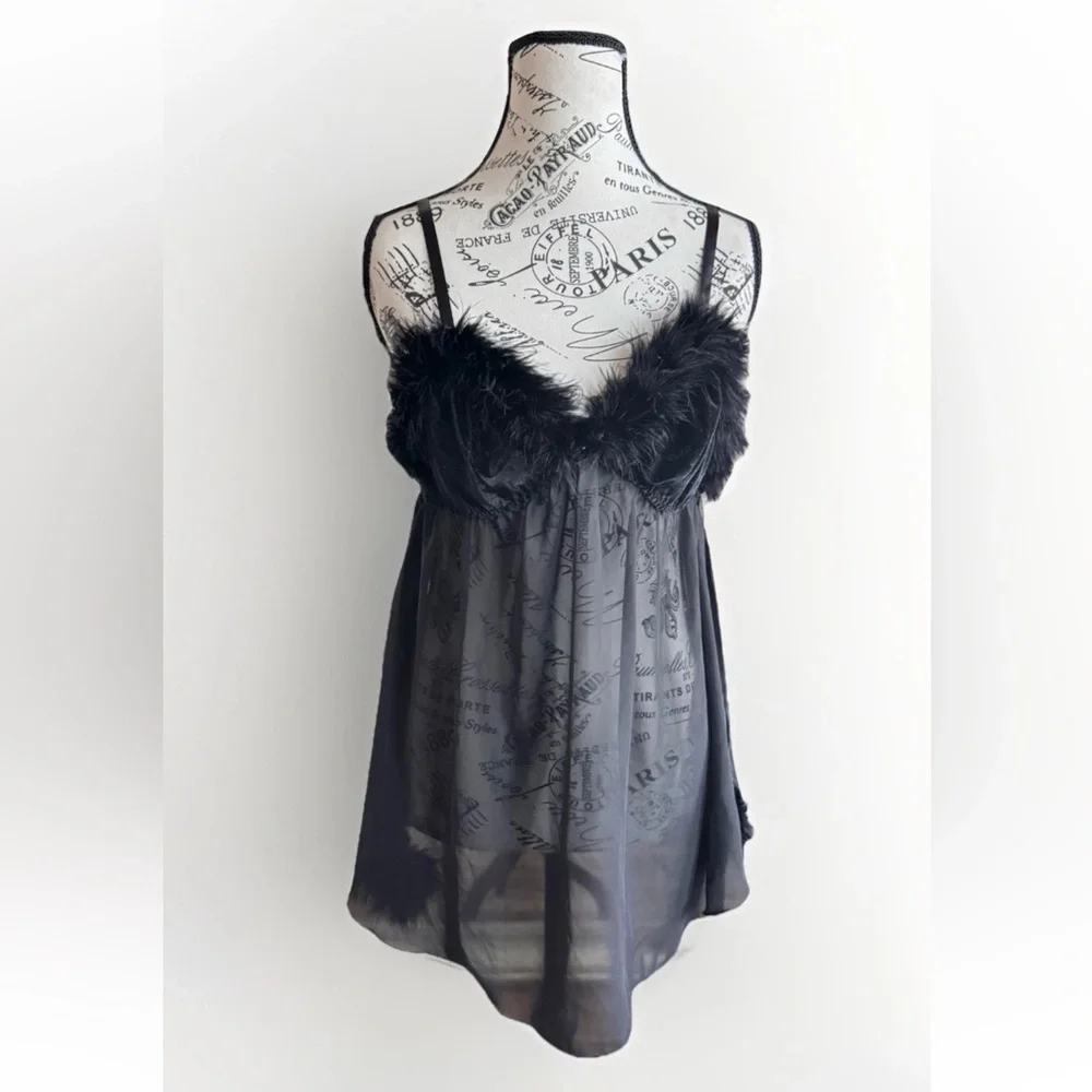 Vintage Y2K Black Whimsigoth Whimsey Goth Faux Fur Lingerie Slip Top Large